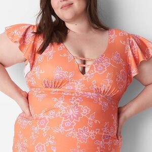 Cacique No-Wire Flutter-Sleeve Swim Tankini Top in Nectarine Floral Size 22